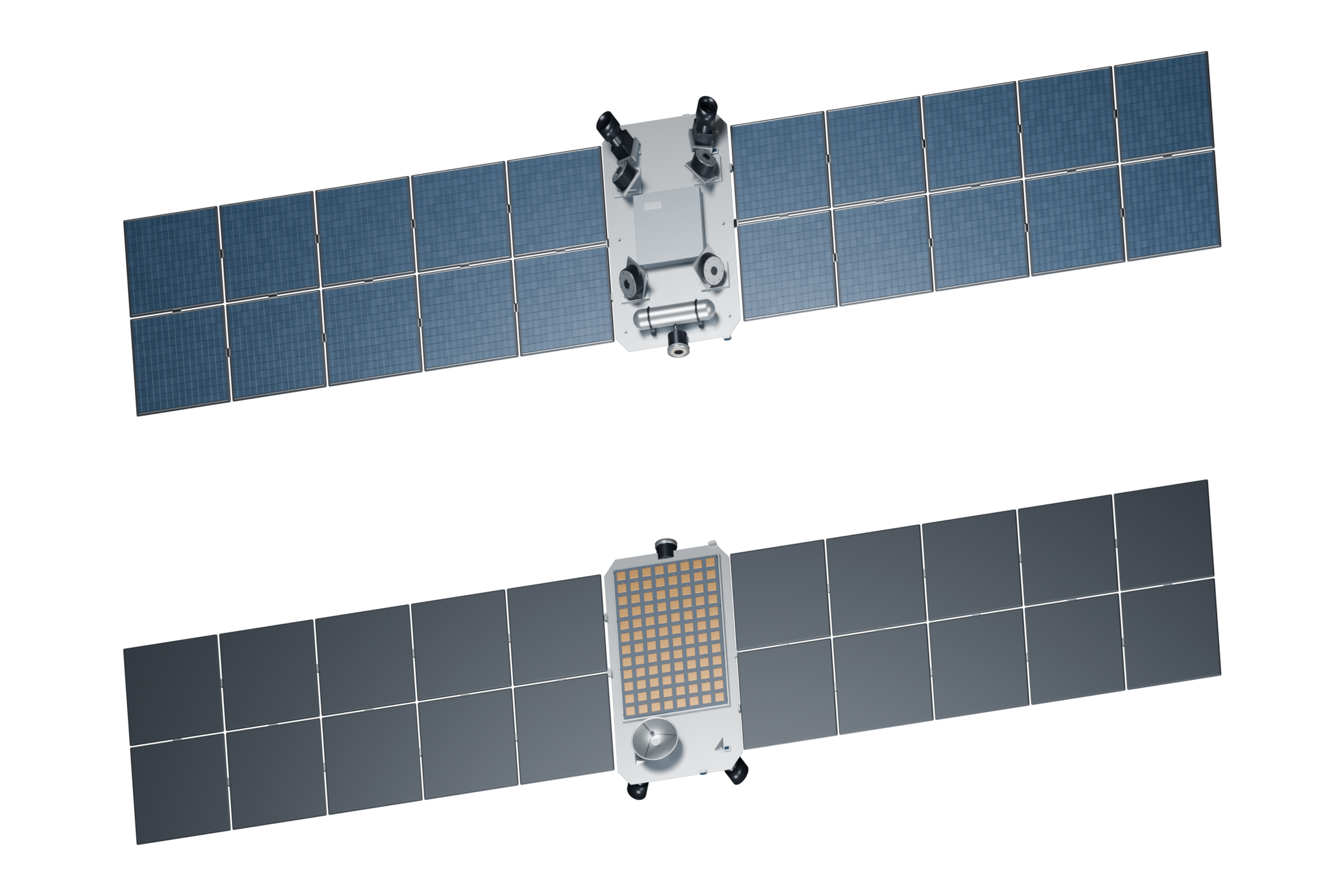 Front and back views of Exponent with its solar arrays deployed
